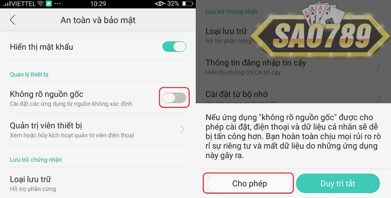 Bật các quyền cho app Sao789